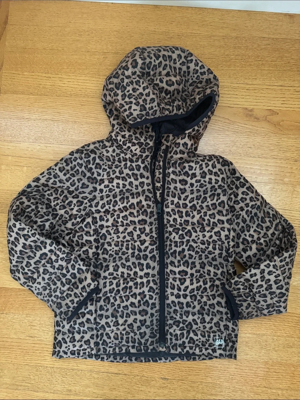 GAP Kids Upcycled Leopard-Print Light Weight Puffer Jacket with Attached Hood S